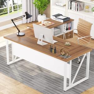 Walnut & White L-Shaped Desk and File Cabinet Set