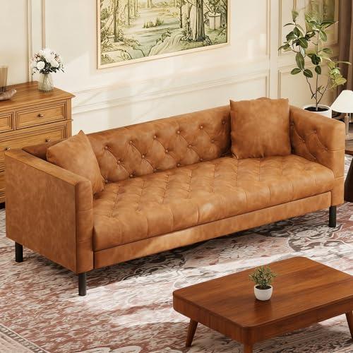 Cognac Tan Button-Tufted Mid-Century Leather Sofa