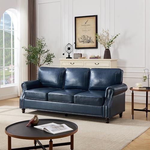 Mid-Century Modern Blue Faux Leather Sofa
