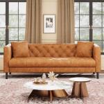 Cognac Tan Button-Tufted Mid-Century Leather Sofa