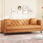 Cognac Tan Button-Tufted Mid-Century Leather Sofa