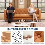 Cognac Tan Button-Tufted Mid-Century Leather Sofa