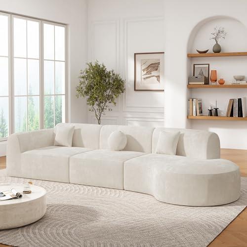 Beige Curved Sectional Sofa with Chaise & Pillows