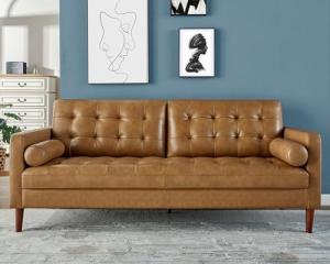 Brown Mid-Century Modern Genuine Leather Sofa