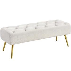 Ivory Upholstered Ottoman Bench with Gold Legs