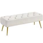 Ivory Upholstered Ottoman Bench with Gold Legs