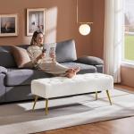 Ivory Upholstered Ottoman Bench with Gold Legs