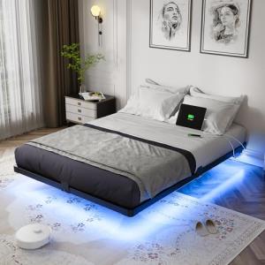 Modern Full Size Floating Bed Frame with LED Lights
