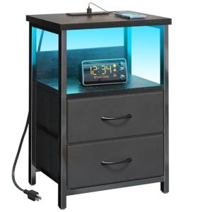 Black Nightstand with Charging Station and Storage