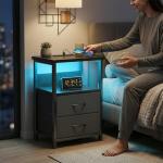 Black Nightstand with Charging Station and Storage