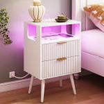 White Nightstand with Charging Station and LED Lights