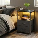 Black Nightstand with Charging Station and Storage