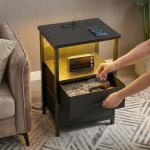 Black Nightstand with Charging Station and Storage