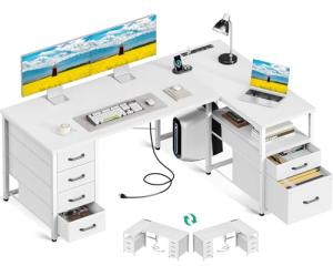 Modern L-Shaped Computer Desk with Storage & Outlet