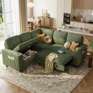 LINSY HOME Green Sectional Sleeper Sofa with Storage