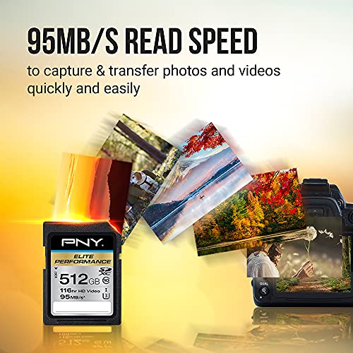 PNY 256GB Elite Performance Class 10 U3 SDXC Flash Memory Card - 95MB/s read, Class 10, U3, 4K UHD, Full HD, UHS-I, Full Size SD