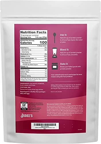 Judee’s Unflavored Egg White Protein Powder for Fast Blending 4 lb - 100% Non-GMO, Keto-Friendly, Pasteurized - Dairy-Free, Soy-Free, Paleo-Friendly, Gluten-Free and Nut-Free - Made in USA
