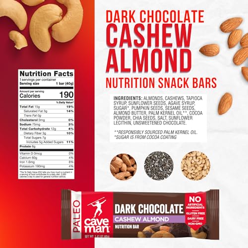 Caveman Foods Paleo Friendly Nutrition Bar Dark Chocolate Cashew Almond, 16.9 Ounce, 12 Count