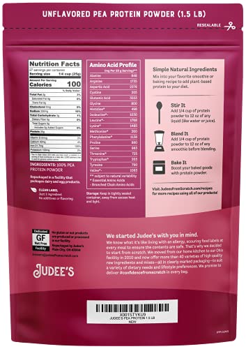 Judee’s Unflavored Pea Protein Powder (80% Protein) 1.5lb (24oz) - 100% Non-GMO, Keto-Friendly, Vegan - Dairy-Free, Soy-Free, Gluten-Free and Nut-Free - Easily Dissolve in Liquids