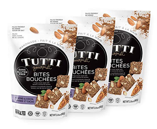 Tutti Gourmet Gluten Free Snacks Bites (Almond & Cacao) - No Added Sugar - (3 Pack) 3 x 2.8 oz - Paleo Snacks - Vegan Snacks - Healthy Snacks - Great For Lunch Boxes
