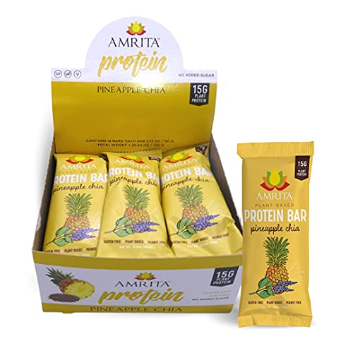 AMRITA Plant Based Protein Bars, Pineapple Chia (12 bars, 2.12oz), Vegan, No Added Sugar, Gluten free, Peanut Free, Paleo, Soy Free, Kids School Snack, Non-GMO, Meal replacement, No Sugar Alcohols