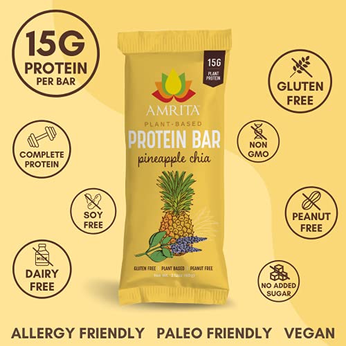 AMRITA Plant Based Protein Bars, Pineapple Chia (12 bars, 2.12oz), Vegan, No Added Sugar, Gluten free, Peanut Free, Paleo, Soy Free, Kids School Snack, Non-GMO, Meal replacement, No Sugar Alcohols