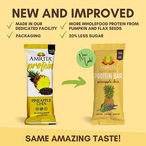 AMRITA Plant Based Protein Bars, Pineapple Chia (12 bars, 2.12oz), Vegan, No Added Sugar, Gluten free, Peanut Free, Paleo, Soy Free, Kids School Snack, Non-GMO, Meal replacement, No Sugar Alcohols