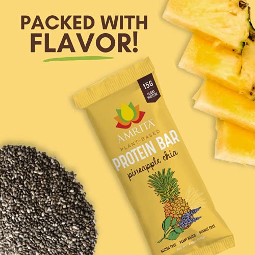 AMRITA Plant Based Protein Bars, Pineapple Chia (12 bars, 2.12oz), Vegan, No Added Sugar, Gluten free, Peanut Free, Paleo, Soy Free, Kids School Snack, Non-GMO, Meal replacement, No Sugar Alcohols
