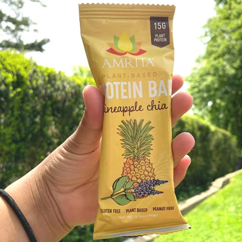 AMRITA Plant Based Protein Bars, Pineapple Chia (12 bars, 2.12oz), Vegan, No Added Sugar, Gluten free, Peanut Free, Paleo, Soy Free, Kids School Snack, Non-GMO, Meal replacement, No Sugar Alcohols
