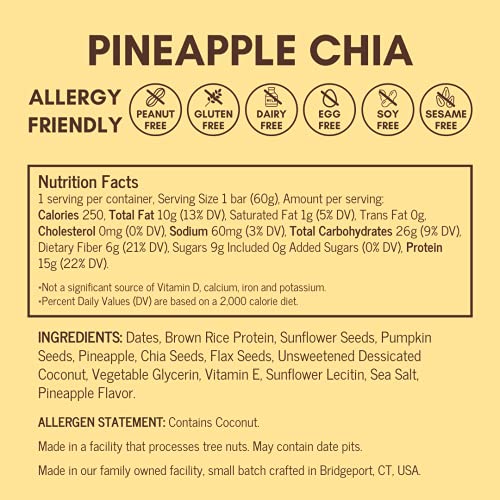 AMRITA Plant Based Protein Bars, Pineapple Chia (12 bars, 2.12oz), Vegan, No Added Sugar, Gluten free, Peanut Free, Paleo, Soy Free, Kids School Snack, Non-GMO, Meal replacement, No Sugar Alcohols