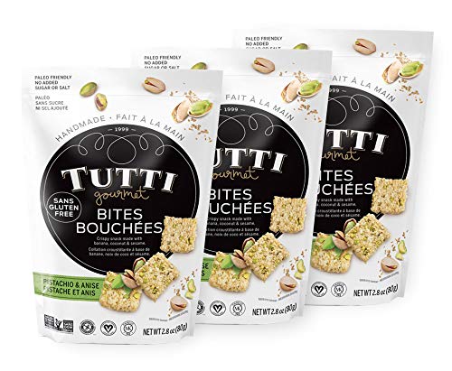 Tutti Gourmet Gluten Free Snacks Bites (Pistachio & Anise) - No Added Sugar - (3 Pack) 3 x 2.8 oz - Paleo Snacks - Vegan Snacks - Healthy Snacks - Great For Lunch Boxes