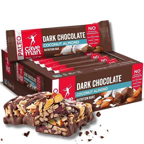 Caveman Foods Paleo Friendly Dark Chocolate Nutrition Bar, Gluten-Free, Almond Coconut, 12 Count