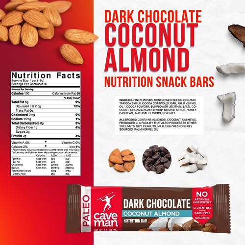 Caveman Foods Paleo Friendly Dark Chocolate Nutrition Bar, Gluten-Free, Almond Coconut, 12 Count