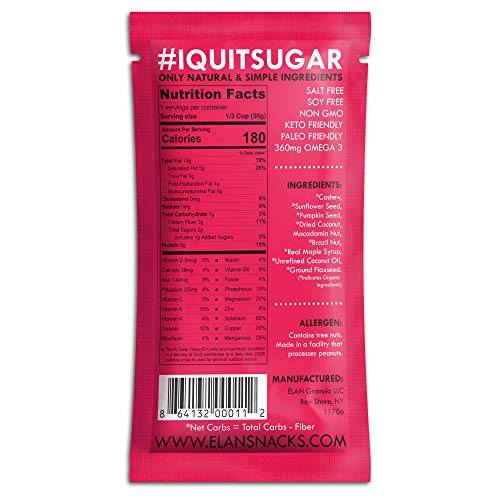 ELAN Premium Paleo Nut Granola, Low Carb Keto Diet Friendly Snacks, Healthy Grain Free Breakfast Cereal & Trail Mix To Go (Cashew Macadamia Brazil Nuts, 12 Pack Shot Bags)