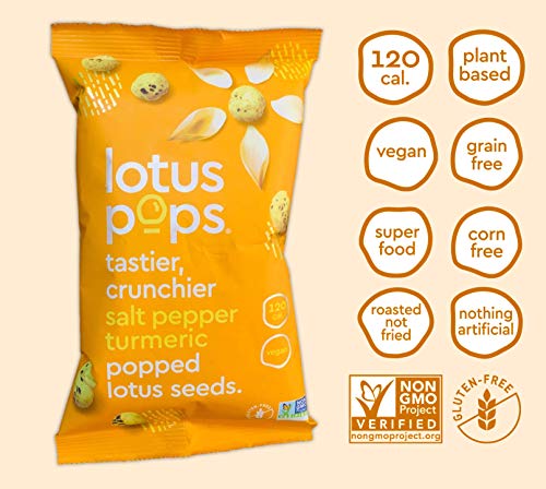 Lotus Pops - Popped Lotus (Water Lily) Seed Snacks – Low Calorie Gluten Free and Vegan Snacks | Plant Protein | Roasted Not-Fried | Paleo | GrainFree | NonGMO Certified | (Pepper Turmeric 4 1oz Packs)