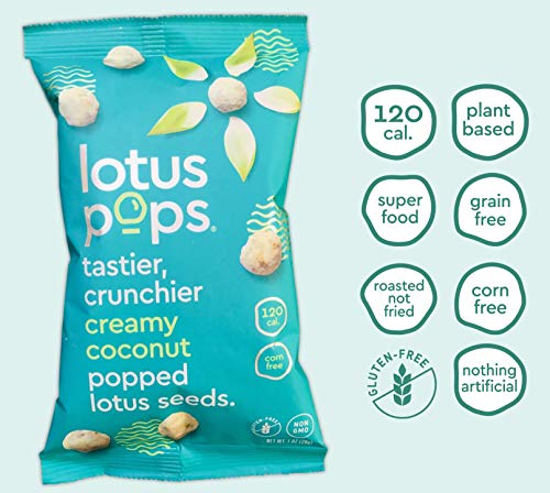 Lotus Pops - Popped Lotus (Water Lily) Seed Snacks – Low Calorie Gluten Free Snacks | Plant Protein | Roasted Not-Fried | Paleo | GrainFree | Non GMO | Healthy Dessert | (Creamy Coconut 4 2oz Packs)
