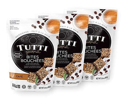 Tutti Gourmet Gluten Free Snacks Bites (Coffee) - No Added Sugar - (3 Pack) 3 x 2.8 oz - Paleo Snacks - Vegan Snacks - Healthy Snacks - Great For Lunch Boxes