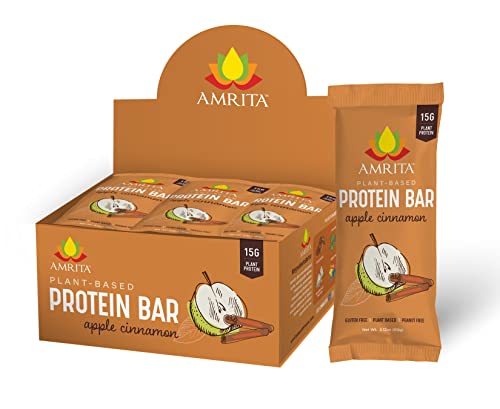 Amrita Apple Cinnamon Vegan, Gluten Free High Protein Bars | 15g Plant Based Protein, High Fiber, Peanut & Dairy Free | Breakfast Bar, Meal Replacement, Healthy Snack | 2.12 oz Bars, Pack of 12