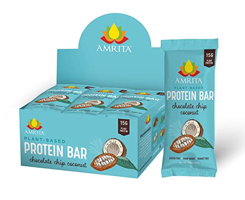 Amrita Chocolate Chip Coconut Vegan, Gluten Free High Protein Bars | 15g Plant Based Protein, High Fiber, Peanut & Dairy Free | Breakfast Bar, Meal Replacement, Healthy Snack | 2.12 oz Bars, Pack of 12