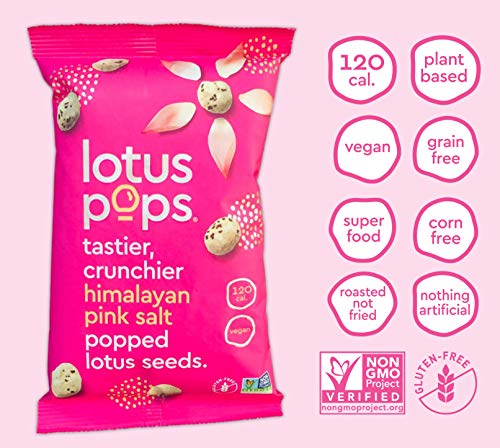 Lotus Pops - Popped Lotus (Water Lily) Seed Snacks – Low Calorie Gluten Free and Vegan Snacks | Plant Protein | Roasted Not-Fried | Paleo | Grain Free | Non GMO Certified | (Pink Salt 4 1oz Packs)