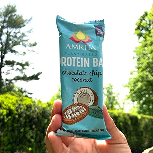 Amrita Chocolate Chip Coconut Vegan, Gluten Free High Protein Bars | 15g Plant Based Protein, High Fiber, Peanut & Dairy Free | Breakfast Bar, Meal Replacement, Healthy Snack | 2.12 oz Bars, Pack of 12
