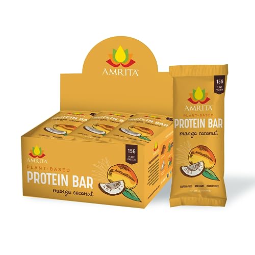 Amrita Mango Coconut Vegan, Gluten Free High Protein Bars | 15g Plant Based Protein, High Fiber, Peanut & Dairy Free | Breakfast Bar, Meal Replacement, Healthy Snack | 2.12 oz Bars, Pack of 12
