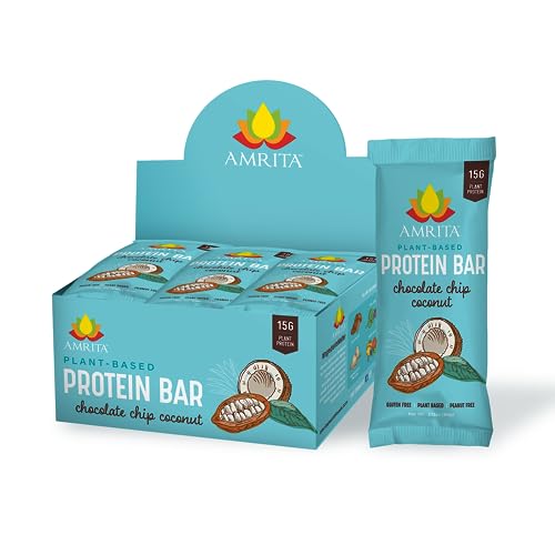 Amrita Chocolate Chip Coconut Vegan, Gluten Free High Protein Bars | 15g Plant Based Protein, High Fiber, Peanut & Dairy Free | Breakfast Bar, Meal Replacement, Healthy Snack | 2.12 oz Bars, Pack of 12