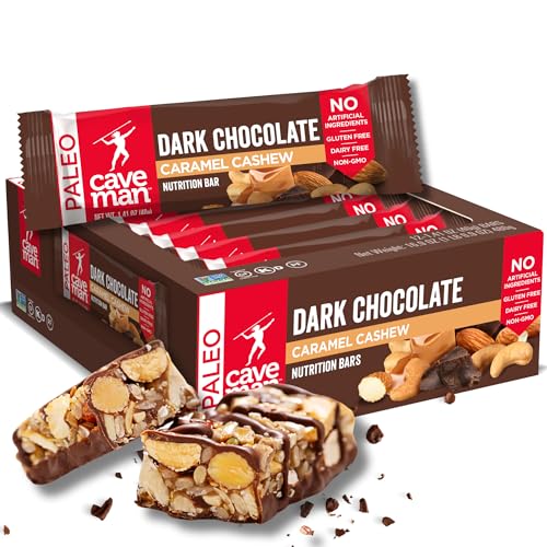 Caveman Foods PaleoFriendly Nutrition Bar Dark Chocolate 1.4 Count Box, Caramel Cashew, 16.9 Ounce, (Pack of 12)
