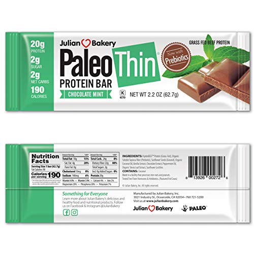 Paleo Protein Bar? (Chocolate Mint) 12 Bars in Single Box (20g Grass-Fed Beef) (2 Net Carbs) w/Organic Prebiotics