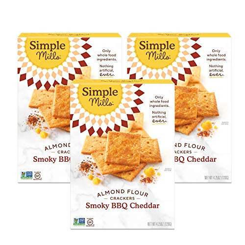 Simple Mills Almond Flour Crackers, Smoky BBQ Cheddar, Gluten Free, Flax Seed, Sunflower Seeds, Corn Free, Good for Snacks, Made with whole foods, 3 Count (Packaging May Vary)