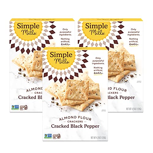 Simple Mills Almond Flour Crackers, Black Cracked Pepper - Gluten Free, Vegan, Healthy Snacks, Plant Based, 4.25 Ounce (Pack of 3)