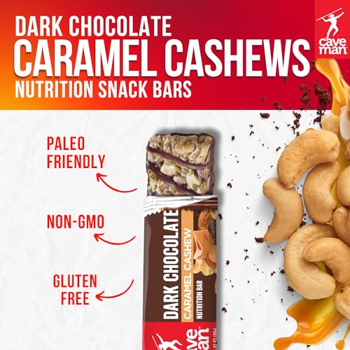 Caveman Foods PaleoFriendly Nutrition Bar Dark Chocolate 1.4 Count Box, Caramel Cashew, 16.9 Ounce, (Pack of 12)
