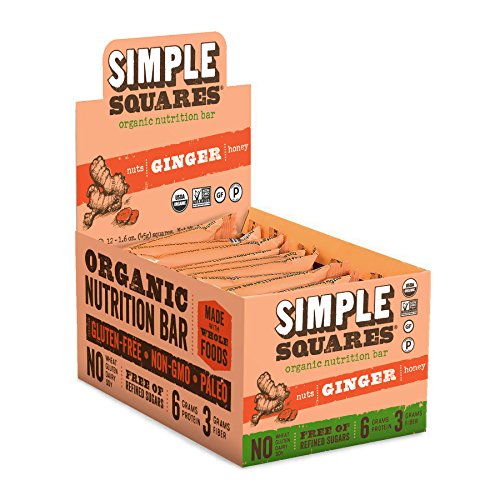 Simple Squares Paleo Protein Bars | Non GMO, Organic, No Dairy, Low Carb, Gluten Free Paleo Snacks | Naturally Made Breakfast Bars Gluten Free Snacks (Ginger Nuts & Honey - 12 Pack)