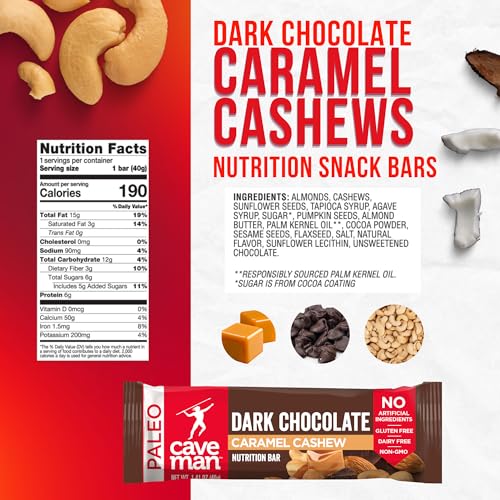 Caveman Foods PaleoFriendly Nutrition Bar Dark Chocolate 1.4 Count Box, Caramel Cashew, 16.9 Ounce, (Pack of 12)